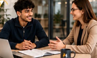 Zwei Personen im Gespräch an einem Besprechungstisch